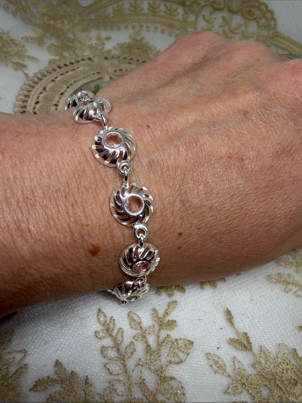 925 Sterling Silver Created Morganite Geometric Dome Link Bracelet Adjustable